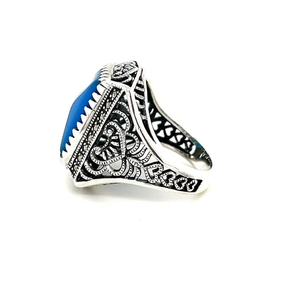 Large Sterling Silver 925‎ Blue Stone/Marcasite Ring